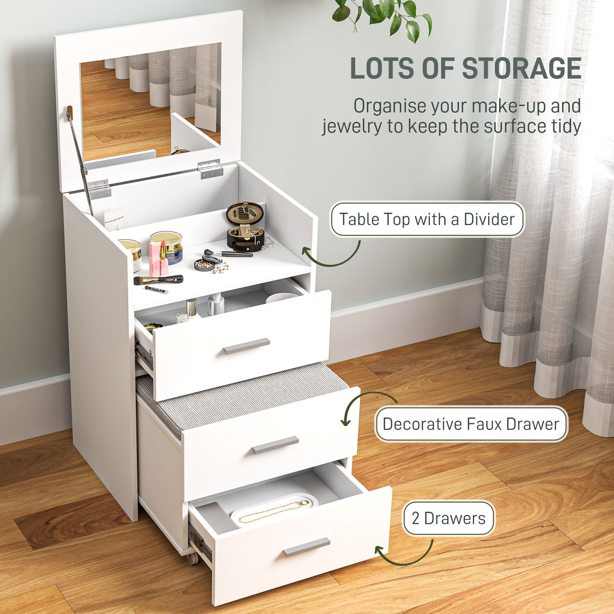 White vanity desk with open flip-up mirror, organizer compartments, and two drawers.