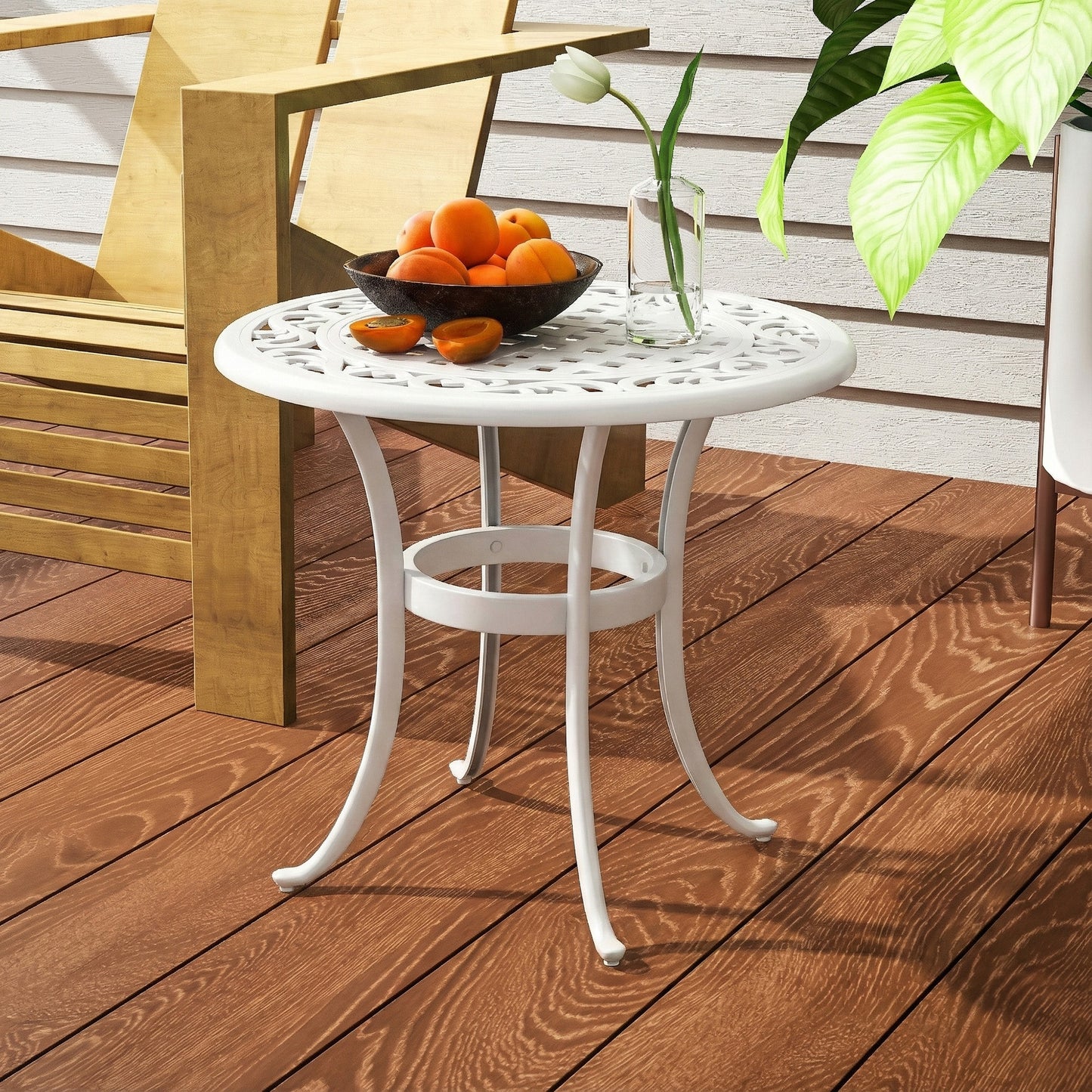 Outsunny 60 cm Round Garden Table Cast Aluminium Outdoor Patio Table White Elegant Cutout Top