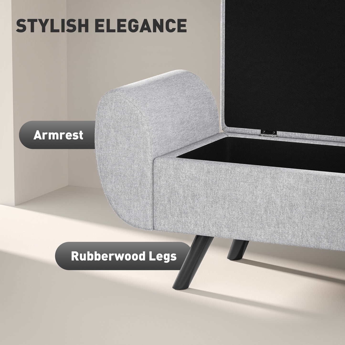HOMCOM Linen Upholstered Storage Ottoman With Armrest Lift Top Window Seat Bench With Rubberwood Legs Light Grey