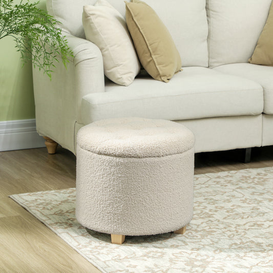 HOMCOM 40.5L Teddy Fleece Storage Ottoman With Button Tufted Lid In Cream White For Small Item Organization