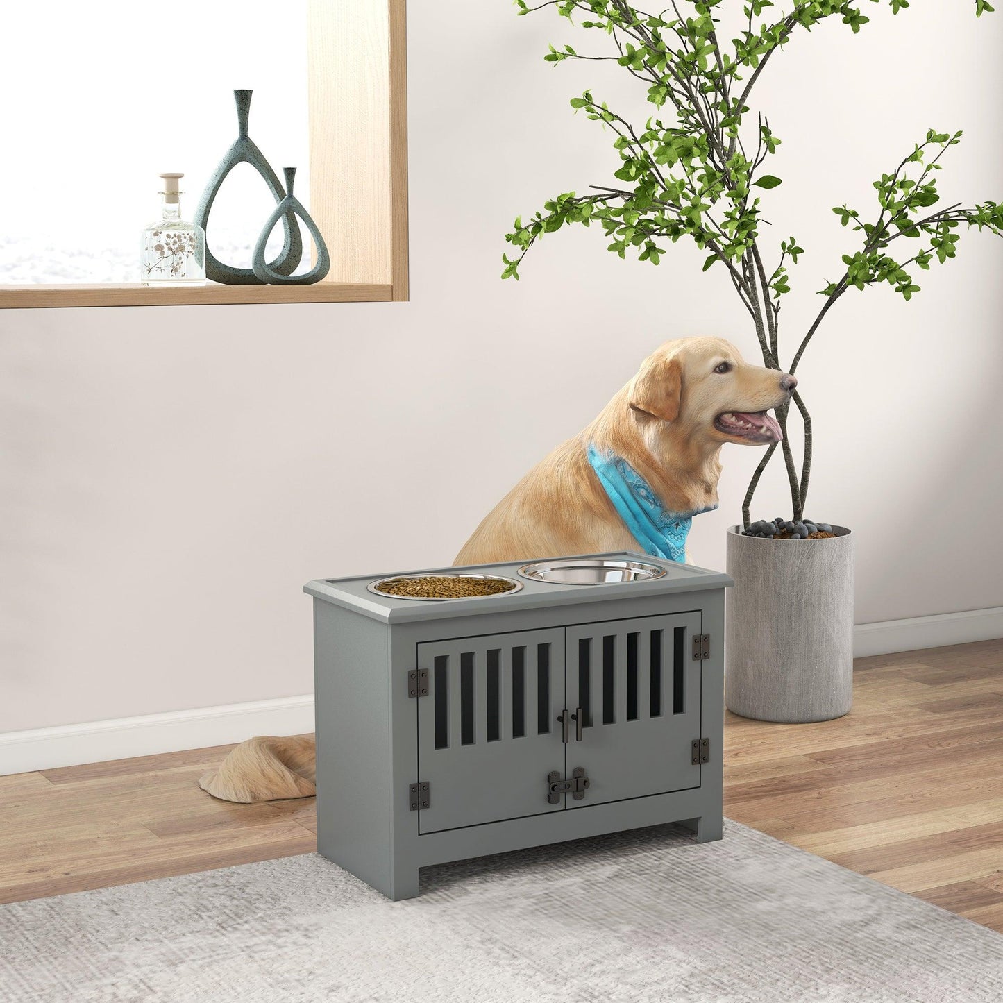 PawHut Raised Dog Bowls for Large Dogs Feeding Station w/ Stand, Storage - Grey - ALL4U RETAILER LTD