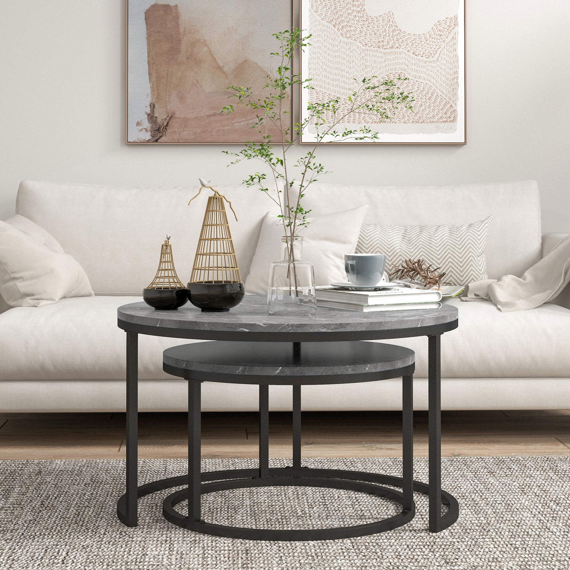 HOMCOM Set of 2 Round Industrial Nesting Coffee Tables with Faux Marble Tops and Sturdy Steel Frames - ALL4U RETAILER LTD