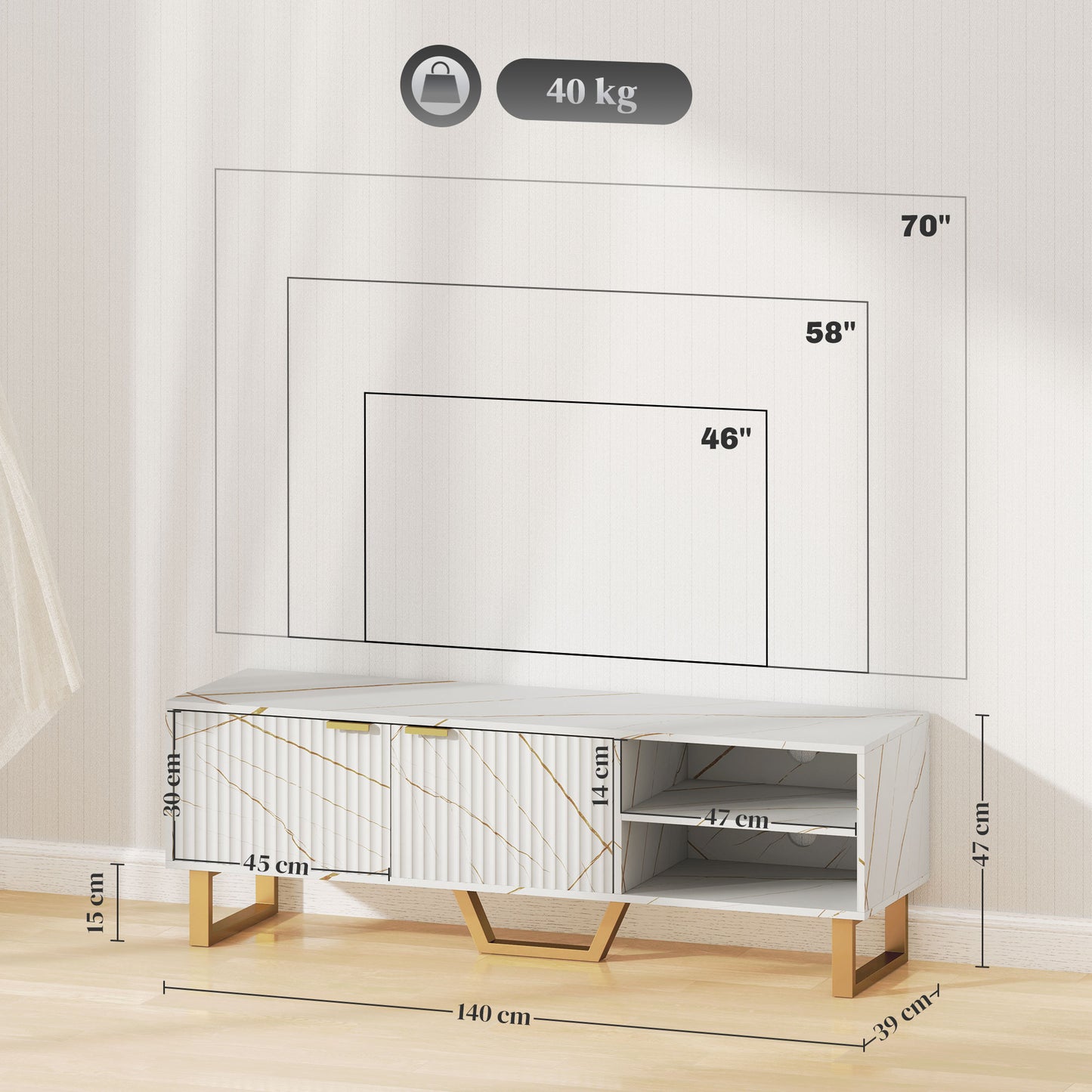 HOMCOM Marble Effect TV Unit For Up To 70 Inch TVs With Fluted Doors Open Shelves And Cable Management White
