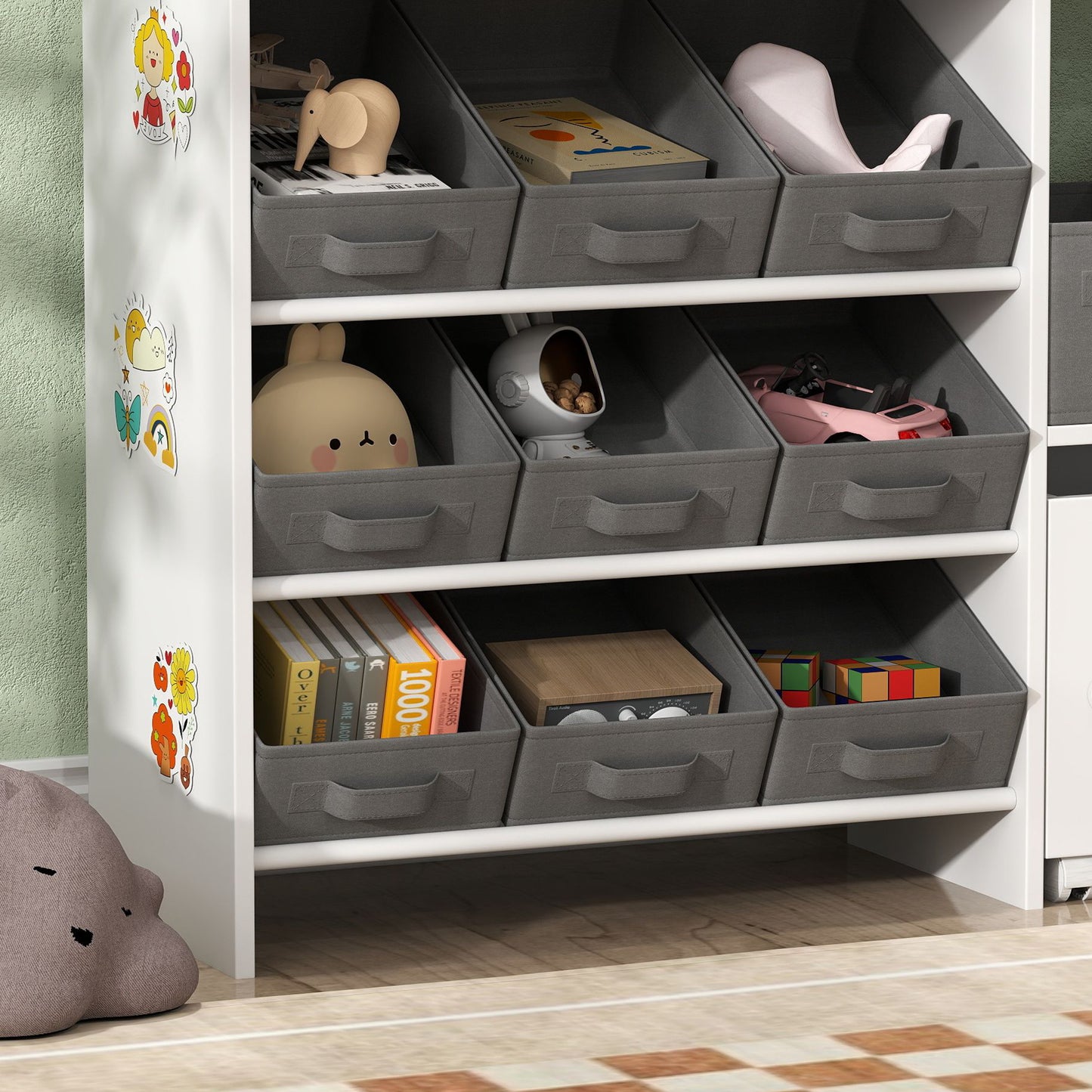 AIYAPLAY Kids Toy Storage Unit With 11 Fabric Bins Cabinet And Top Shelves White For Nursery And Playroom