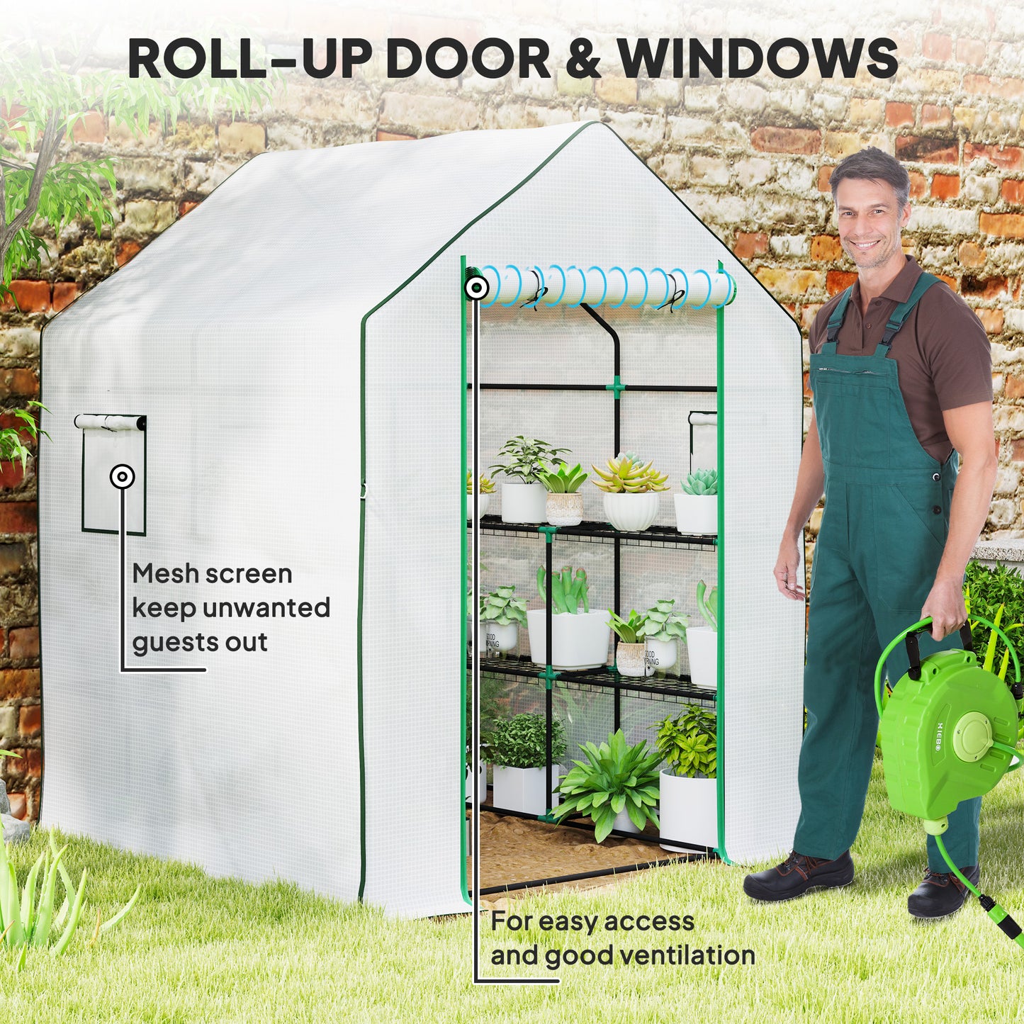 Outsunny Walk In Plastic Greenhouse 143x140 cm With Four Shelves On Each Side Roll Up Door UV Resistant Cover White