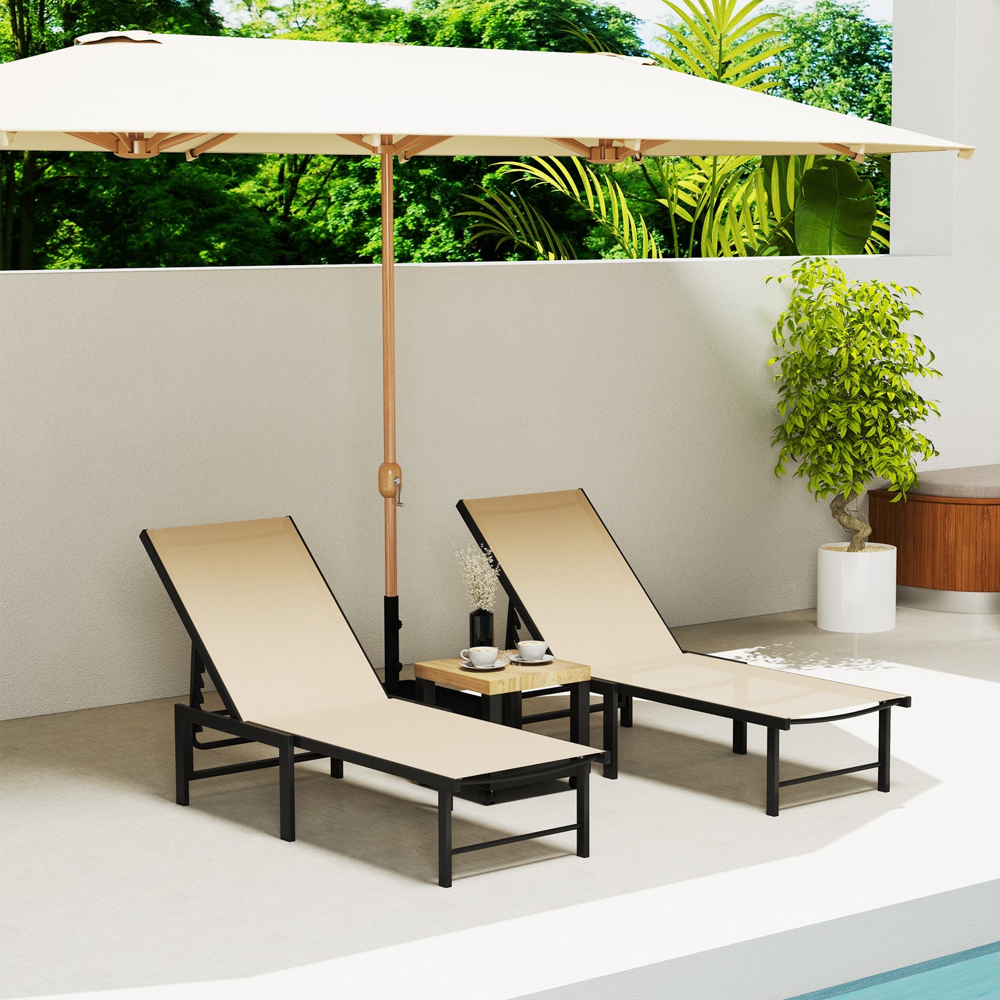 Outsunny Set Of Two Reclining Sun Loungers Khaki Outdoor Garden Furniture For Patio And Poolside Comfort