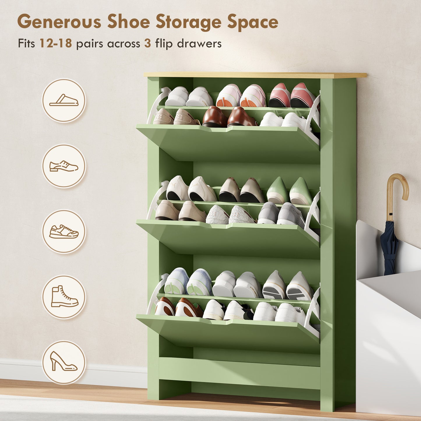 HOMCOM Slim Shoe Cabinet Narrow Cupboard With 3 Drawers Adjustable Shelves For 18 Pairs Of Shoes High Gloss Green