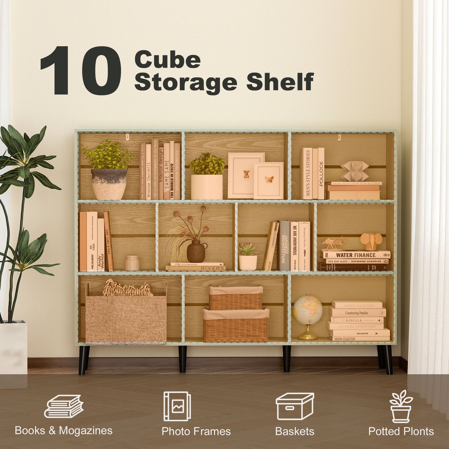 HOMCOM 10 Cube Bookcase with Solid Wood Legs 3 Tier Modern Bookshelf 140 cm Light Green Anti Tip Kit