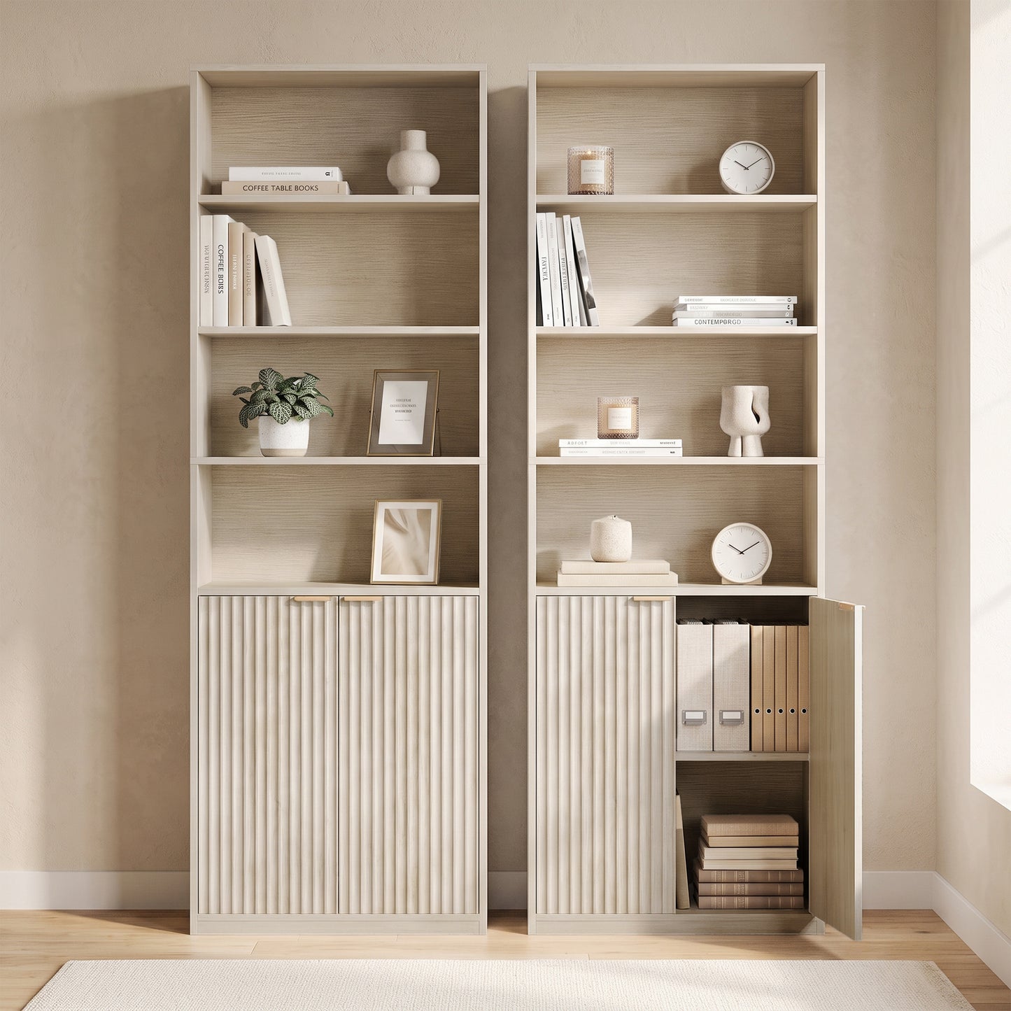 HOMCOM 6 Tier Small Bookshelf Slim Storage Unit With Cabinet Oak Effect