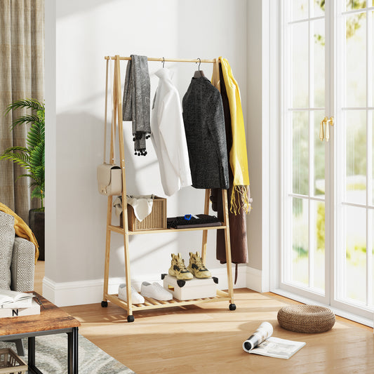 HOMCOM Bamboo Clothes Rack With Shelves And Hooks A Frame Space Saving Organizer Wardrobe And Living Area Natural Finish