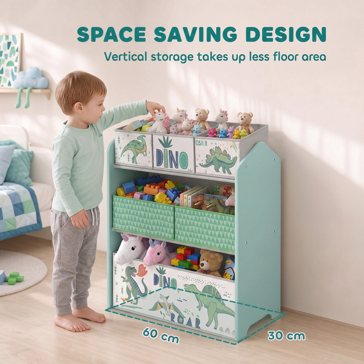 Light green vertical toy storage rack with open fabric drawers and dinosaur fronts