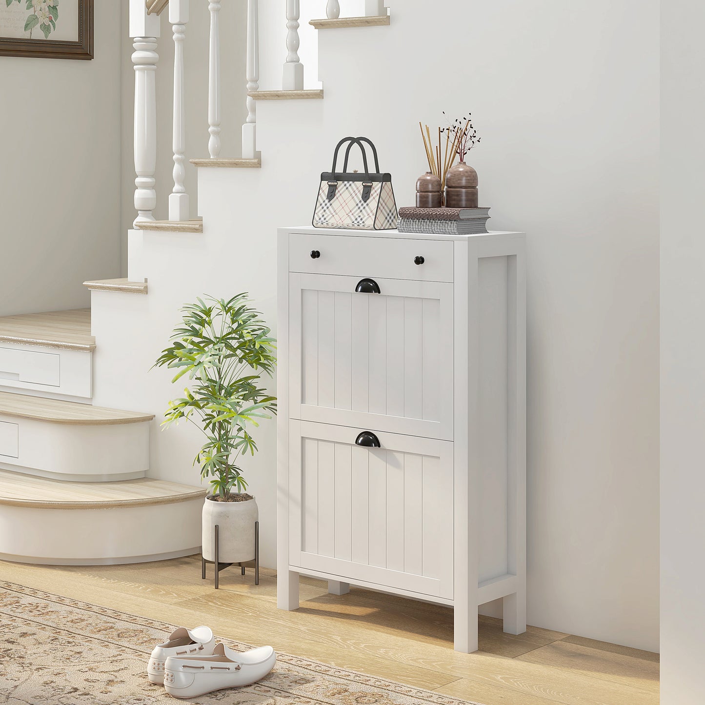 HOMCOM Narrow Shoe Cabinet With Two Flip Drawers And Adjustable Shelves White Slim Design