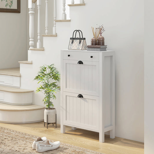 HOMCOM Narrow Shoe Cabinet With Two Flip Drawers And Adjustable Shelves White Slim Design