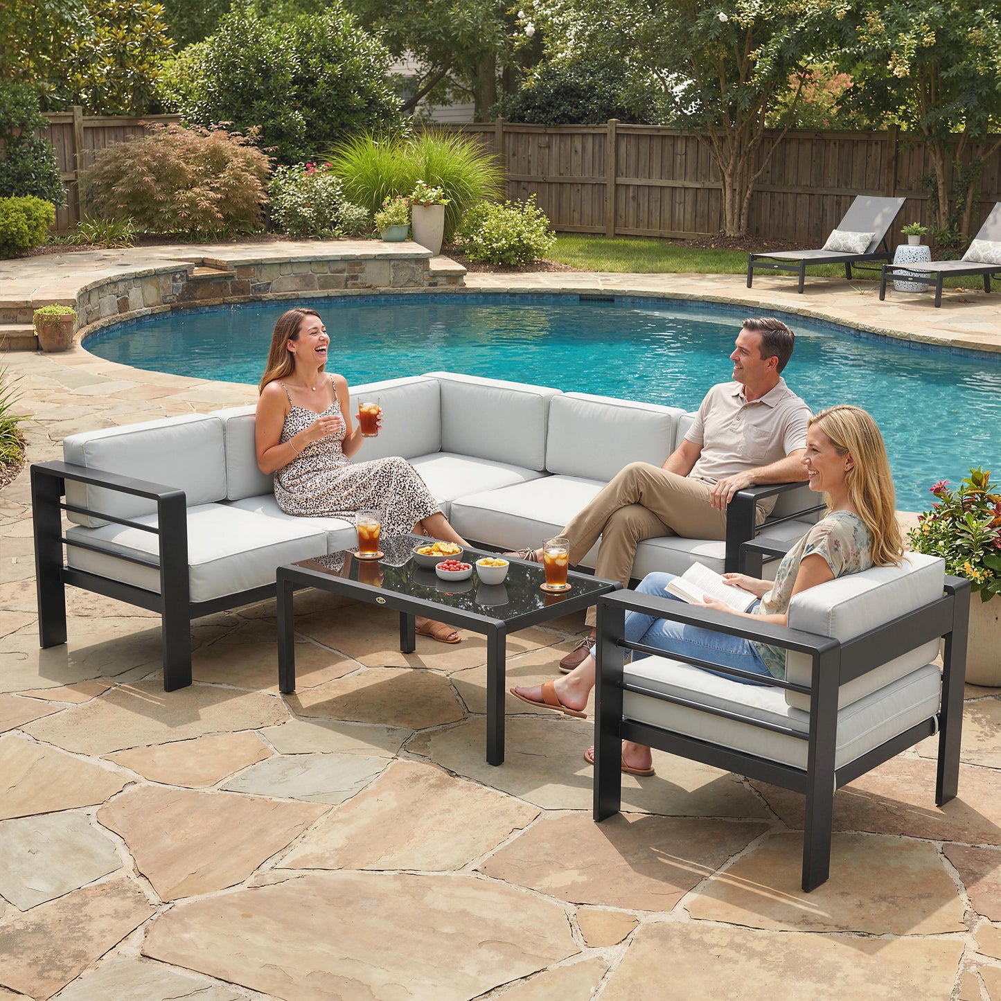 Outsunny 5-Piece Garden Corner Sofa Set With Cushions 6 Seater Aluminium Furniture Set With Coffee Table Light Grey