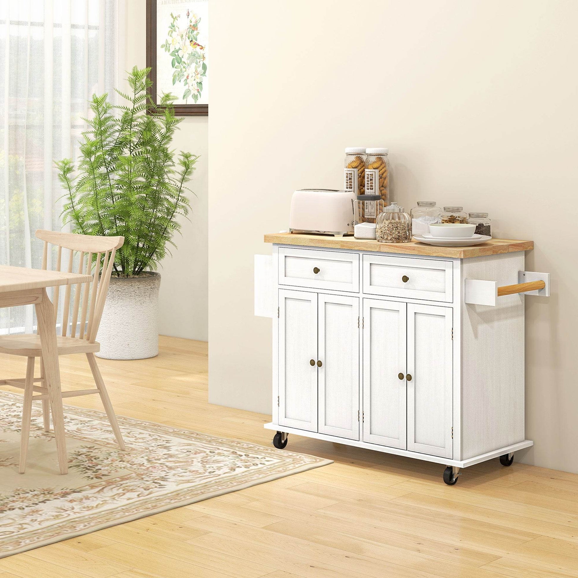 HOMCOM Modern White Kitchen Island Cart with Rubberwood Top, Drawers, and Storage Solutions - ALL4U RETAILER LTD