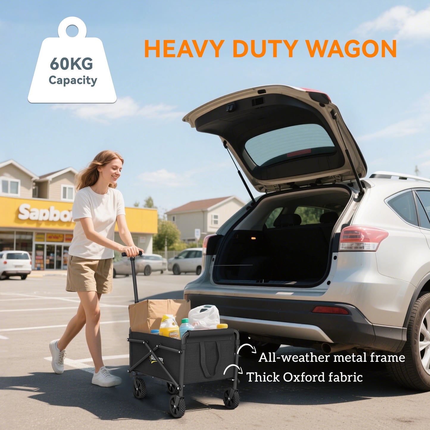 Outsunny 41L Trolley On Wheels Folding Wagon With 60kg Capacity Adjustable Handle Carrying Bag Beach Camping Black