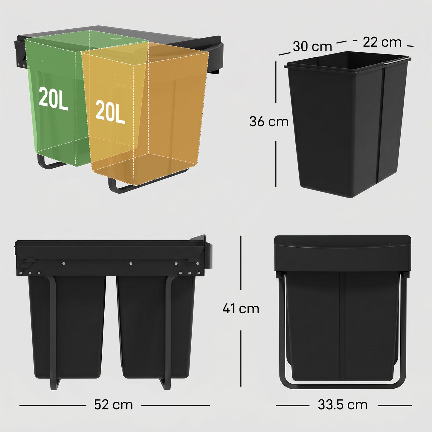 HOMCOM Pull Out Kitchen Bin With Dual Removable Compartments Under Sink Soft Glide Black