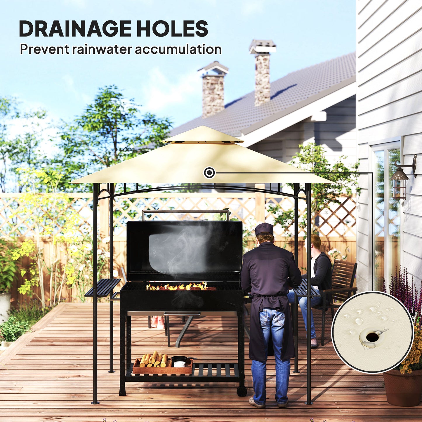 Outsunny 8x5 Grill Gazebo With Double Tiered Canopy And LED Lights 2 Side Shelves Hooks Beige