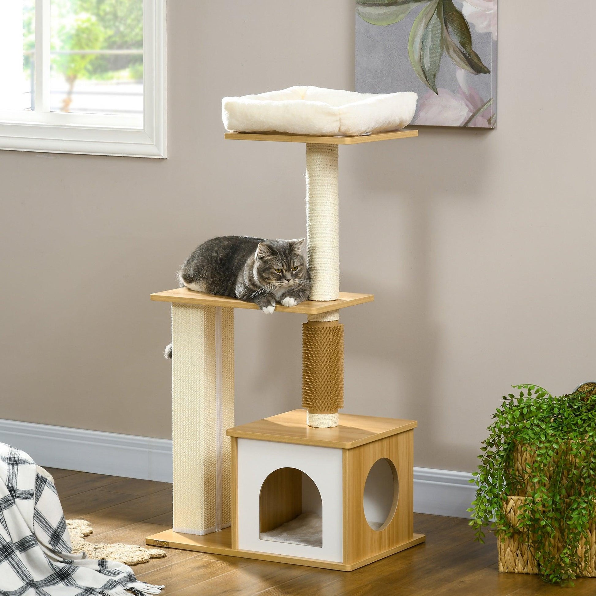 PawHut Cat Tree with Scratching Posts, Cat House, Cat Bed, Perches, 59.5 x 39.5 x 114 cm, Oak Tone - ALL4U RETAILER LTD