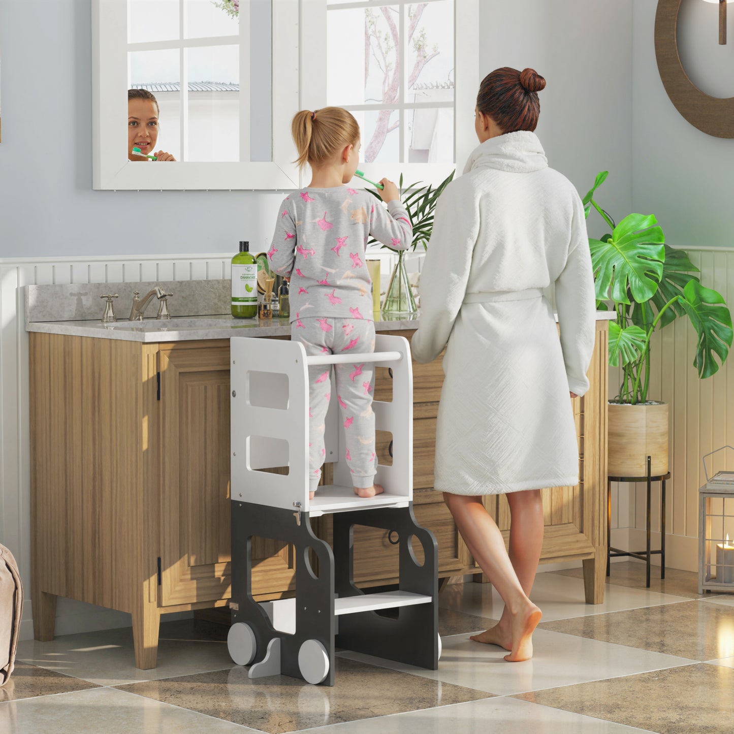 AIYAPLAY Toddler 4 In 1 Standing Tower Foldable Step Stool With Safety Rail For Kitchen And Bathroom Grey
