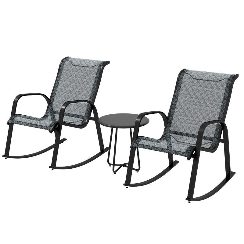 Outsunny 3 Piece Outdoor Rocking Set with 2 Armchairs and Metal Top Coffee Table - Patio Bistro Set with Curved Armrests - Breathable Mesh Fabric Seat for Garden, Deck - Mixed Grey. - ALL4U RETAILER LTD