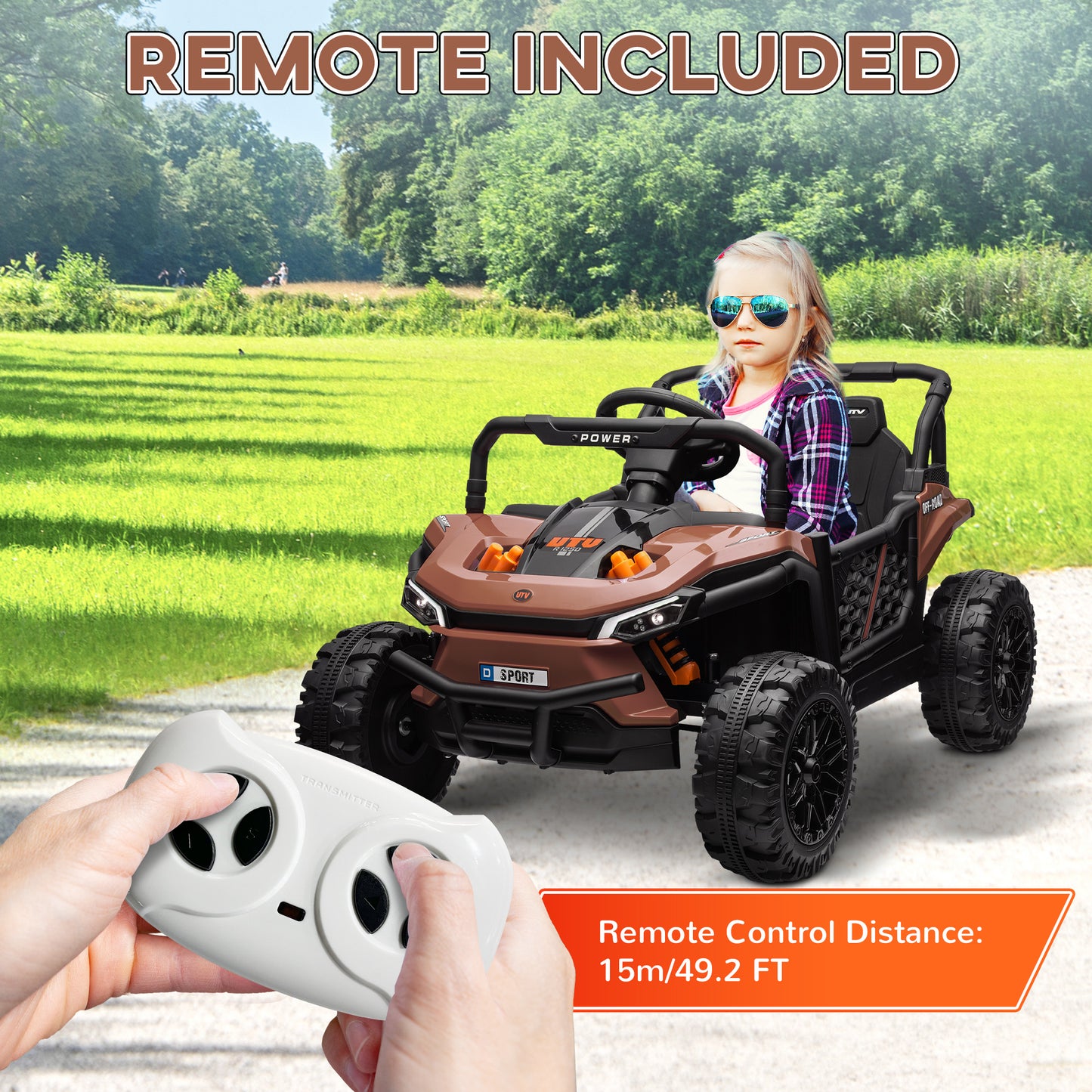 AIYAPLAY 12V Remote-Controlled Ride-On Truck with Suspension, Music, Lights & USB - Brown for Kids Aged 3-5