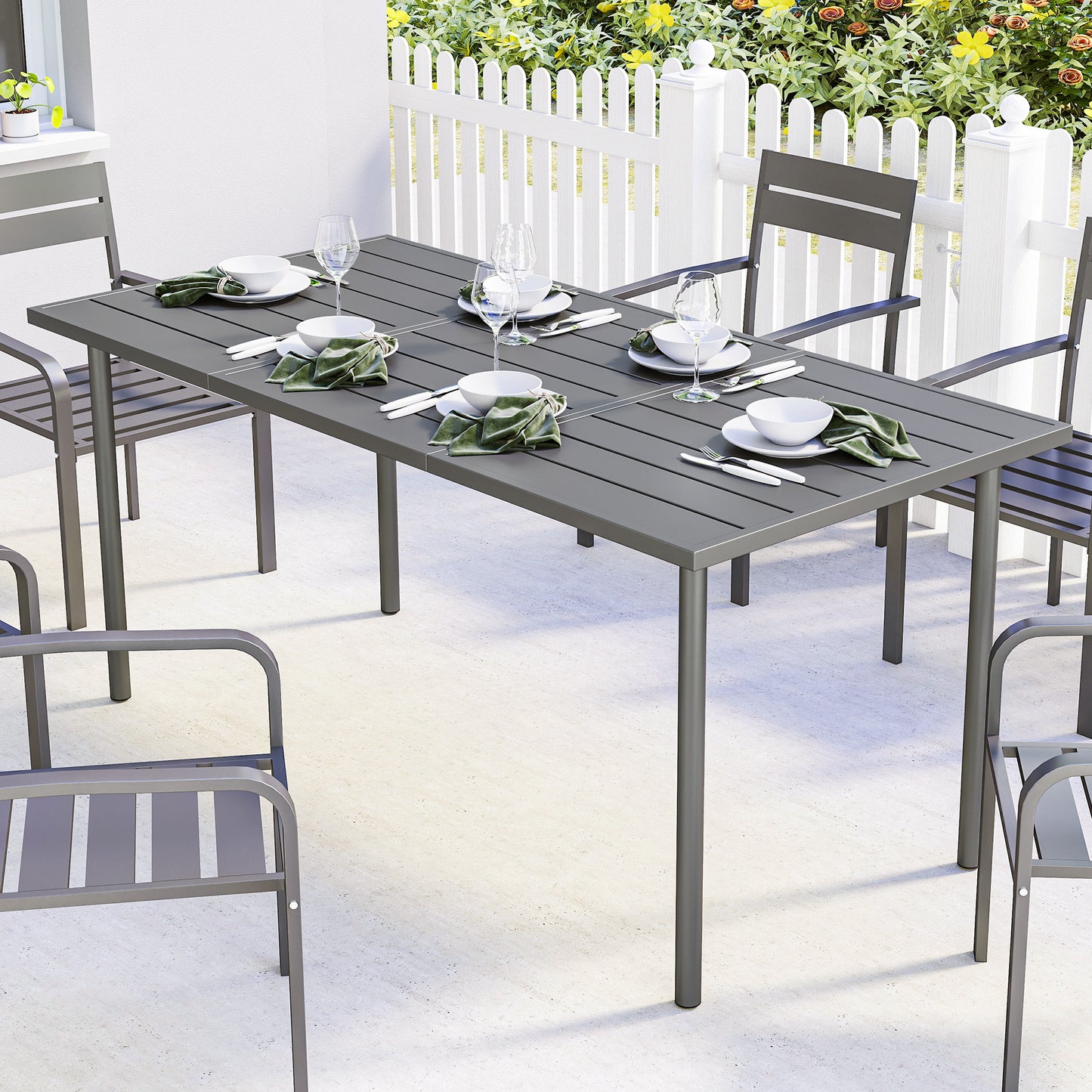 Outsunny 165 X 80 Cm Rectangular Garden Dining Table For 6 With Slatted Top Weather Resistant Metal Frame