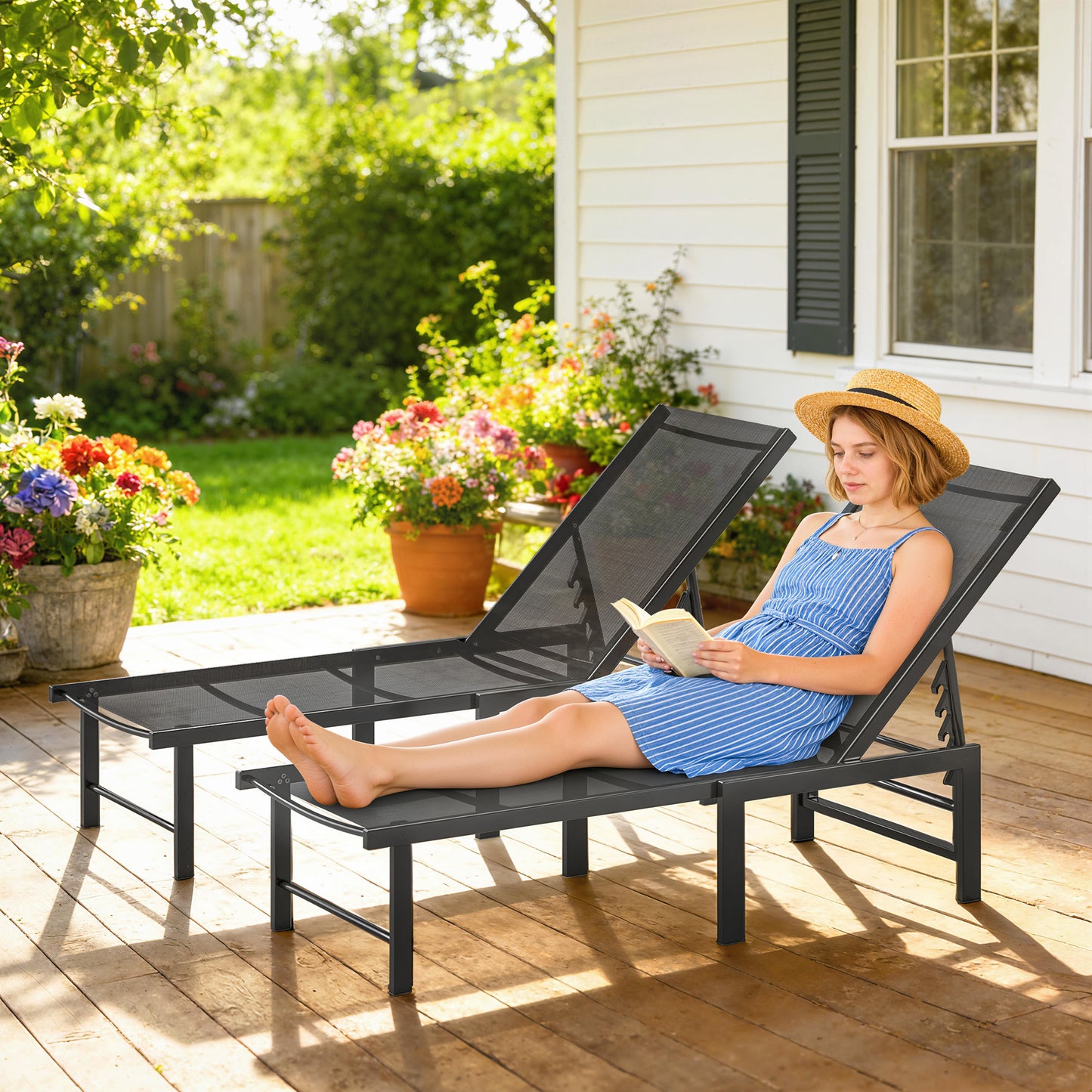 Outsunny Set Of Two Reclining Sun Loungers Black Five Position Adjustable Backrest For Garden Comfort