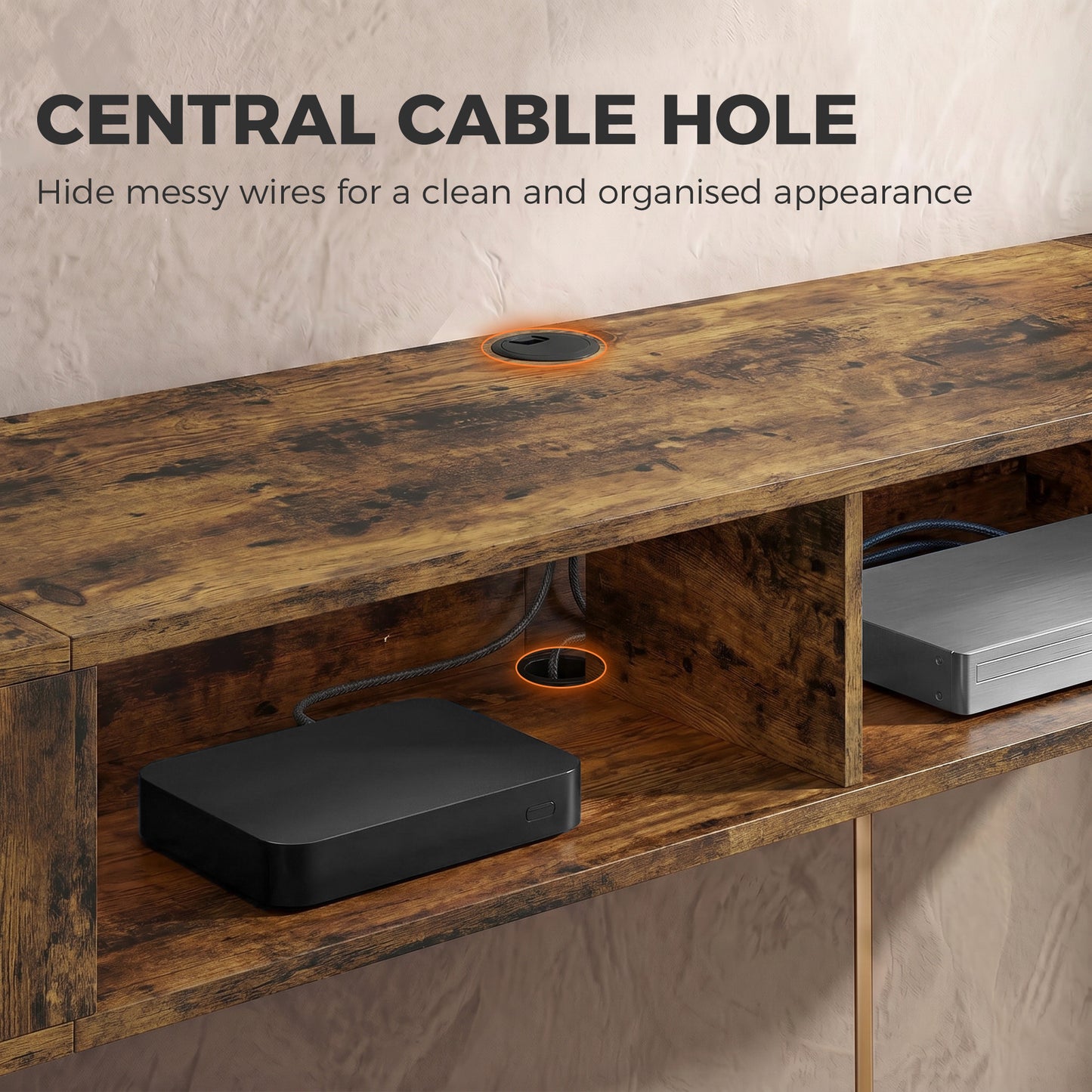 HOMCOM Wall Mounted TV Stand With RGB LED Lights For 75 Inch TV Rustic Brown Floating Entertainment Centre