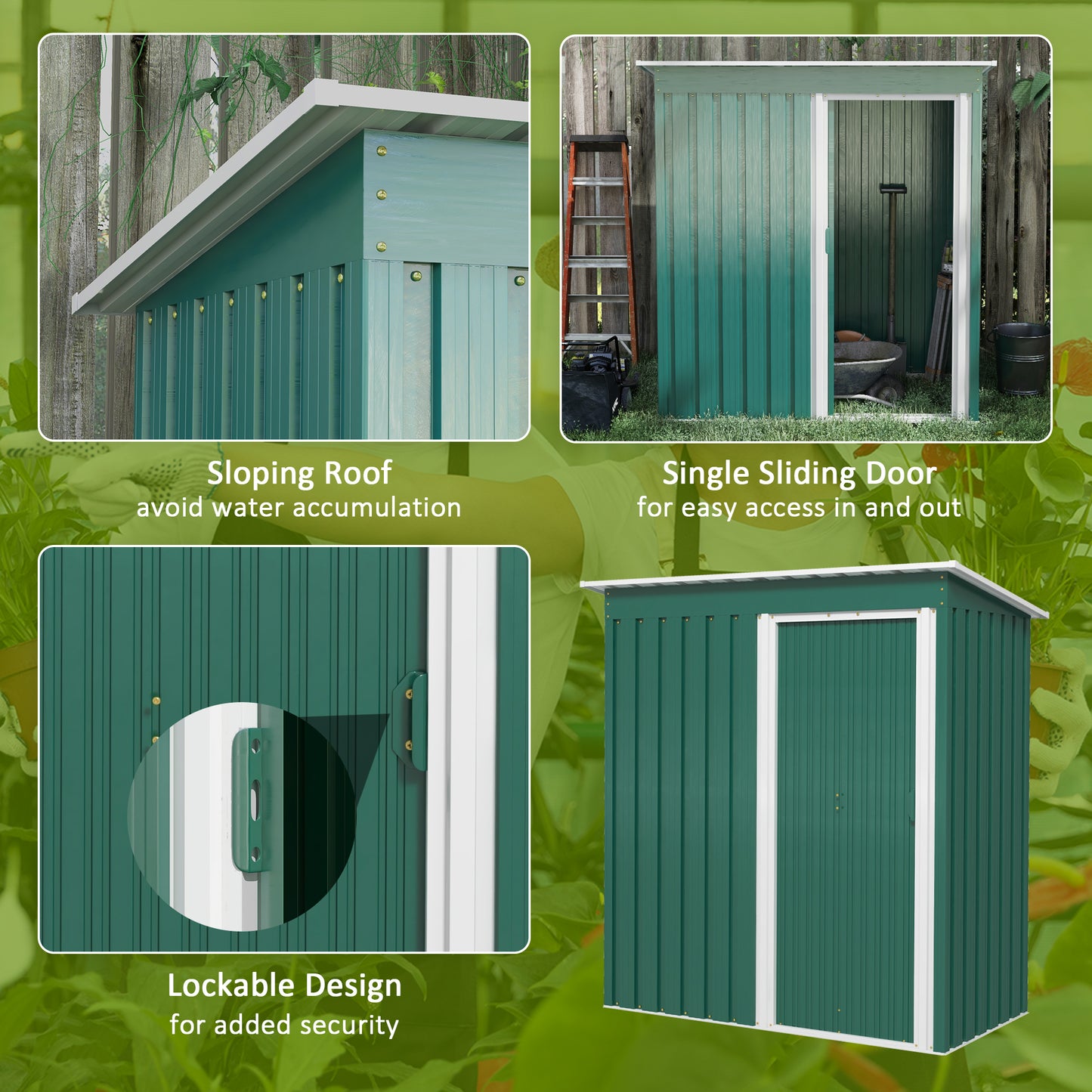 Outsunny 5 x 3ft Outdoor Tool Storage Shed with Sliding Door and Sloped Roof, Green - ALL4U RETAILER LTD