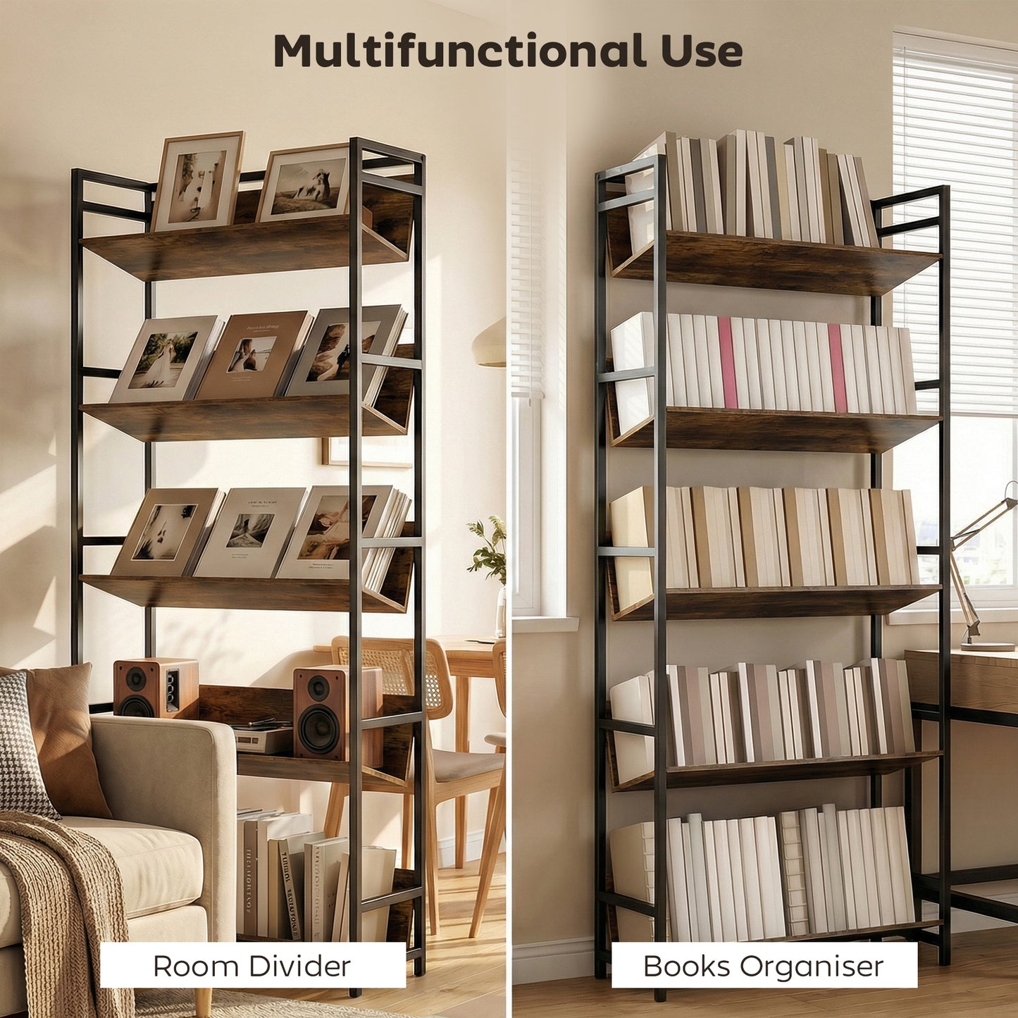 HOMCOM 5 Tier Metal Frame Bookshelf Room Divider With Storage Shelves Rustic Brown For Living Room