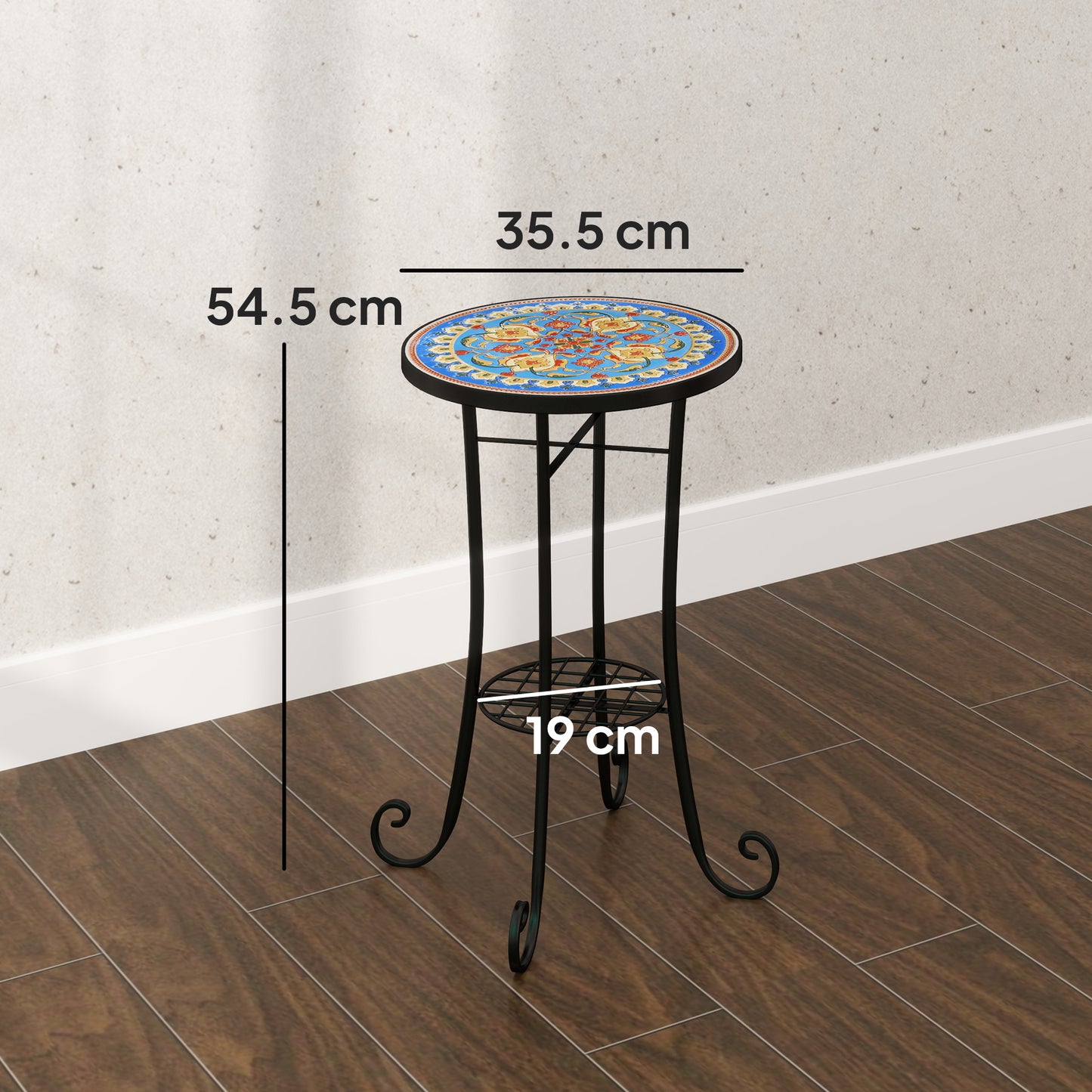 Outsunny Mosaic Round Garden Table With Shelf Ceramic Tile Top Outdoor Patio Balcony End Table Blue