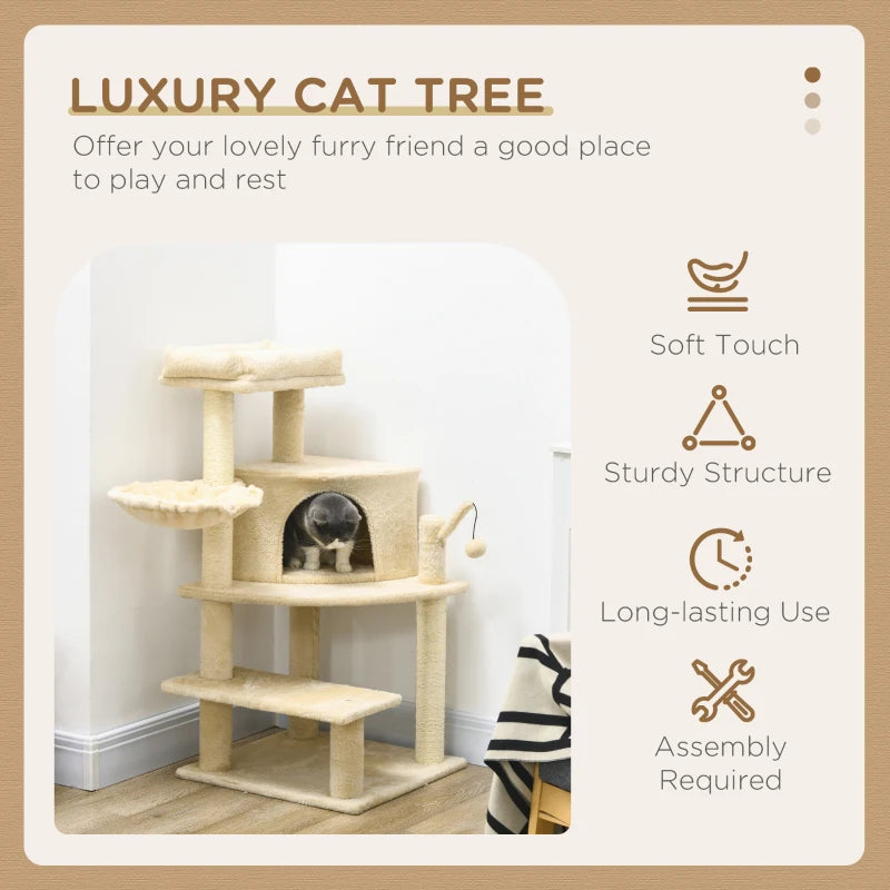 PawHut 100cm Cat Tree Tower with Sisal Scratching Post - Cream White, Ideal for Feline Play and Relaxation - ALL4U RETAILER LTD