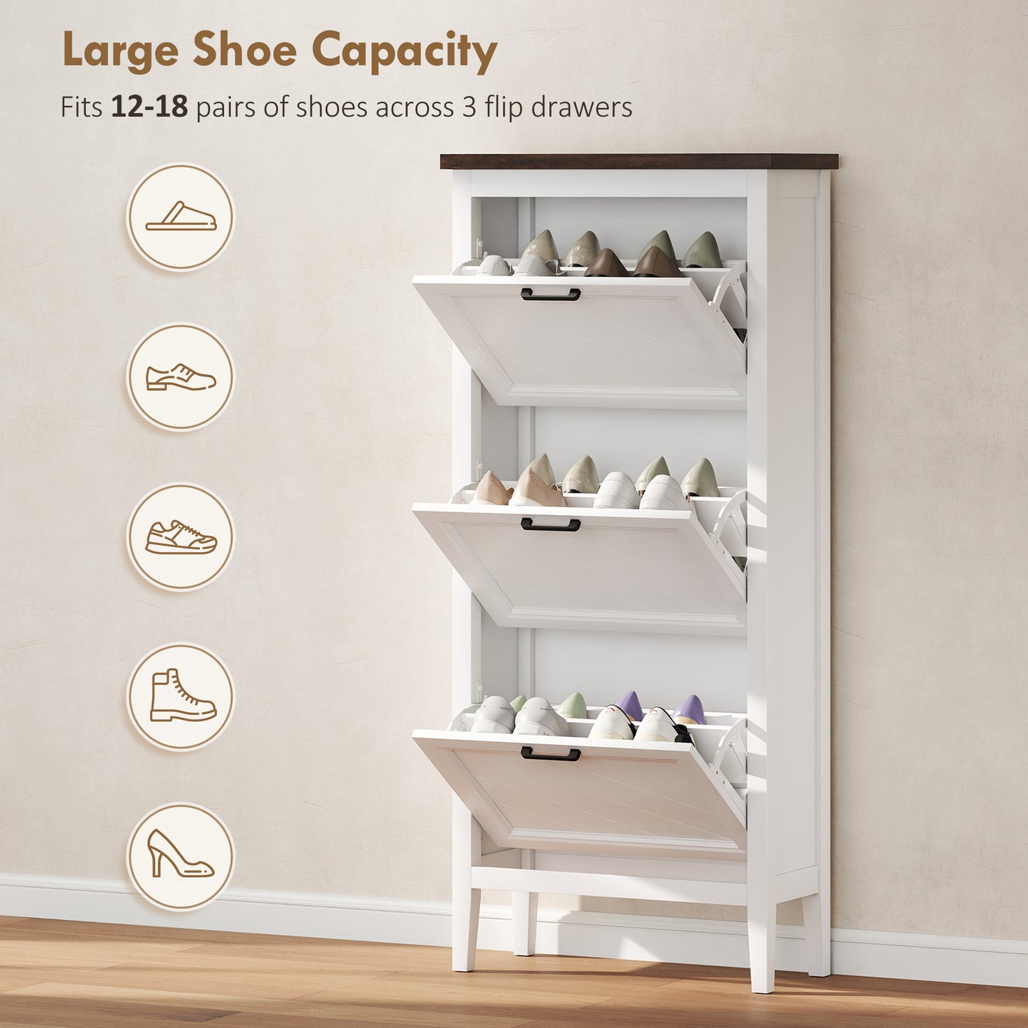 Homcom Shoe Cabinet With Three Flip Drawers Farmhouse Narrow Shoe Storage Cabinet White With Adjustable Shelves