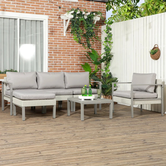 Outsunny 6-Piece Patio Furniture Set with Sofa, Armchair, Stool, Metal Table, and Cushions in Light Grey – Outdoor Garden Lounge Ensemble
