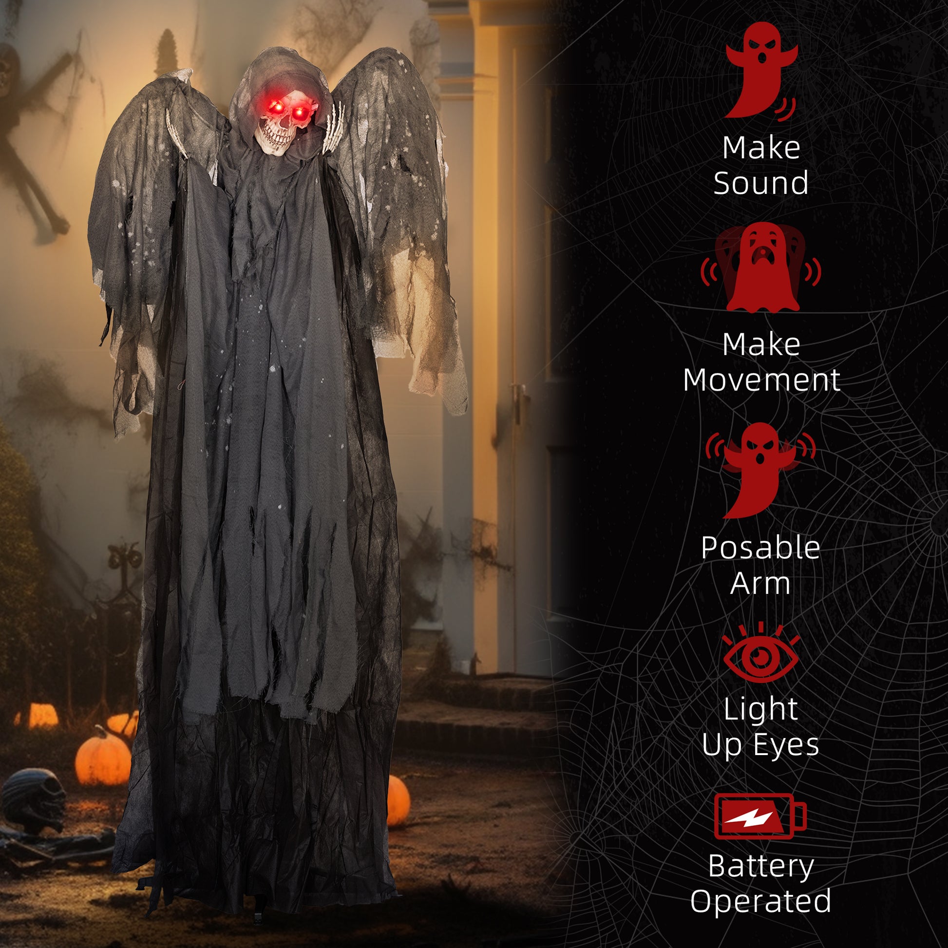 HOMCOM Animated 77" Winged Grim Reaper Halloween Prop with Sound and Light Effects for Spooky Outdoor Decor - ALL4U RETAILER LTD