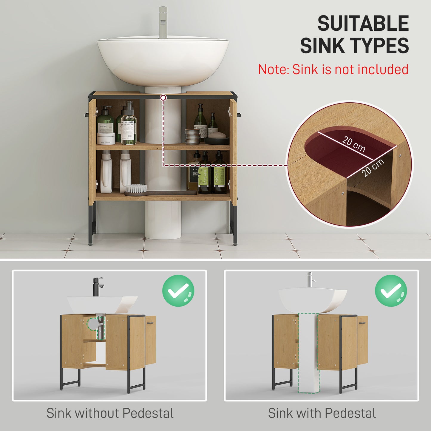 HOMCOM Bathroom Vanity Unit Under Sink Storage Cabinet With Soft Close Doors For Basin Natural Finish