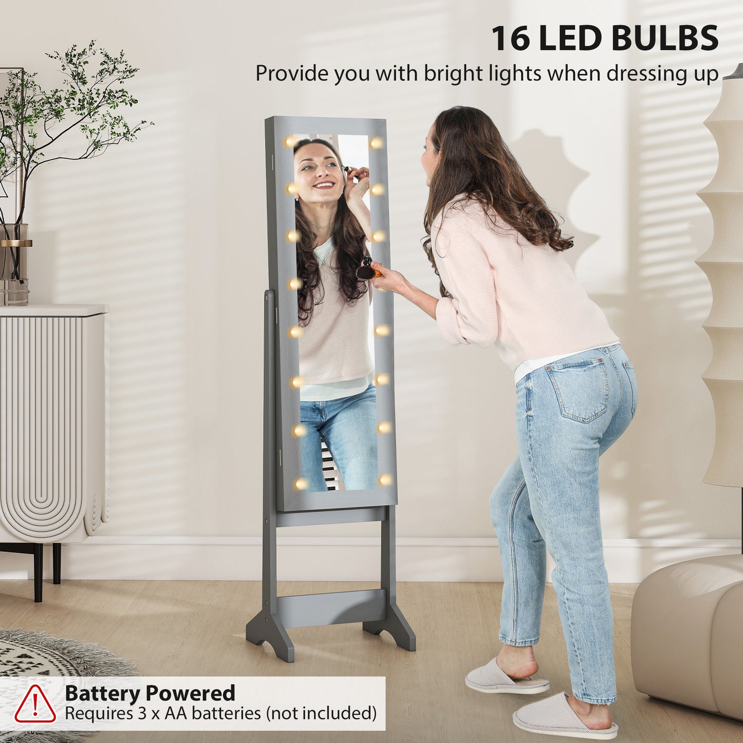 HOMCOM Freestanding Mirrored Jewellery Storage Cabinet With LED Lights Grey 70 Ring Slots And 32 Earring Slots