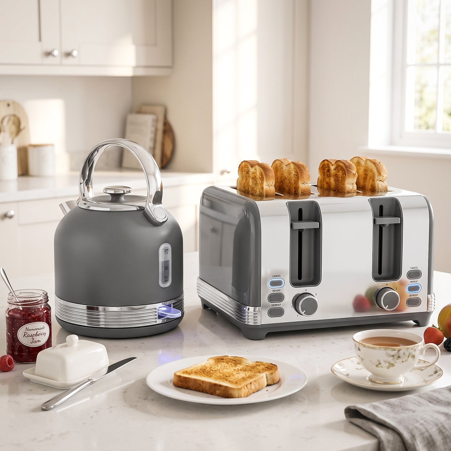 HOMCOM Grey Kettle And Toaster Set 1.7L Fast Boil 3000W 4 Slice Cordless Stainless