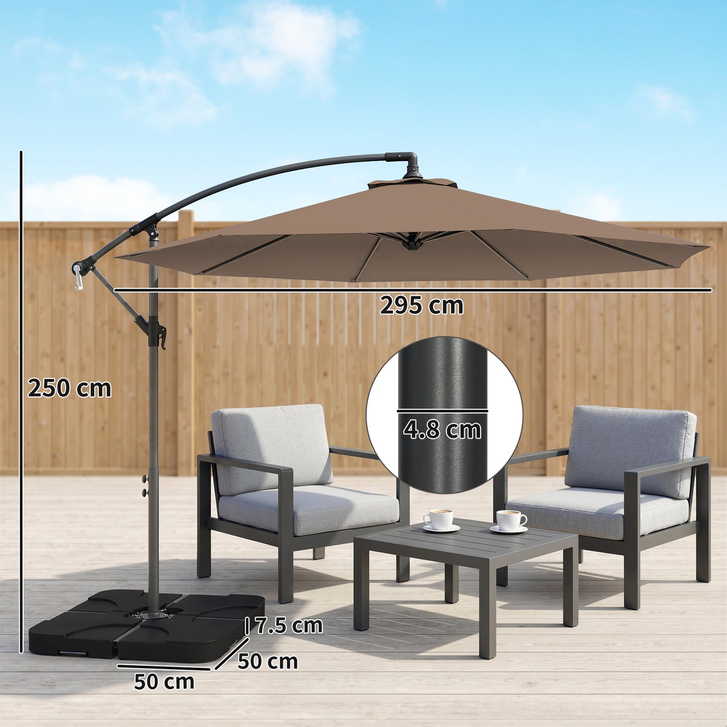 Outsunny 3m Overhanging Cantilever Parasol With Base Weights And Cover Coffee Shade