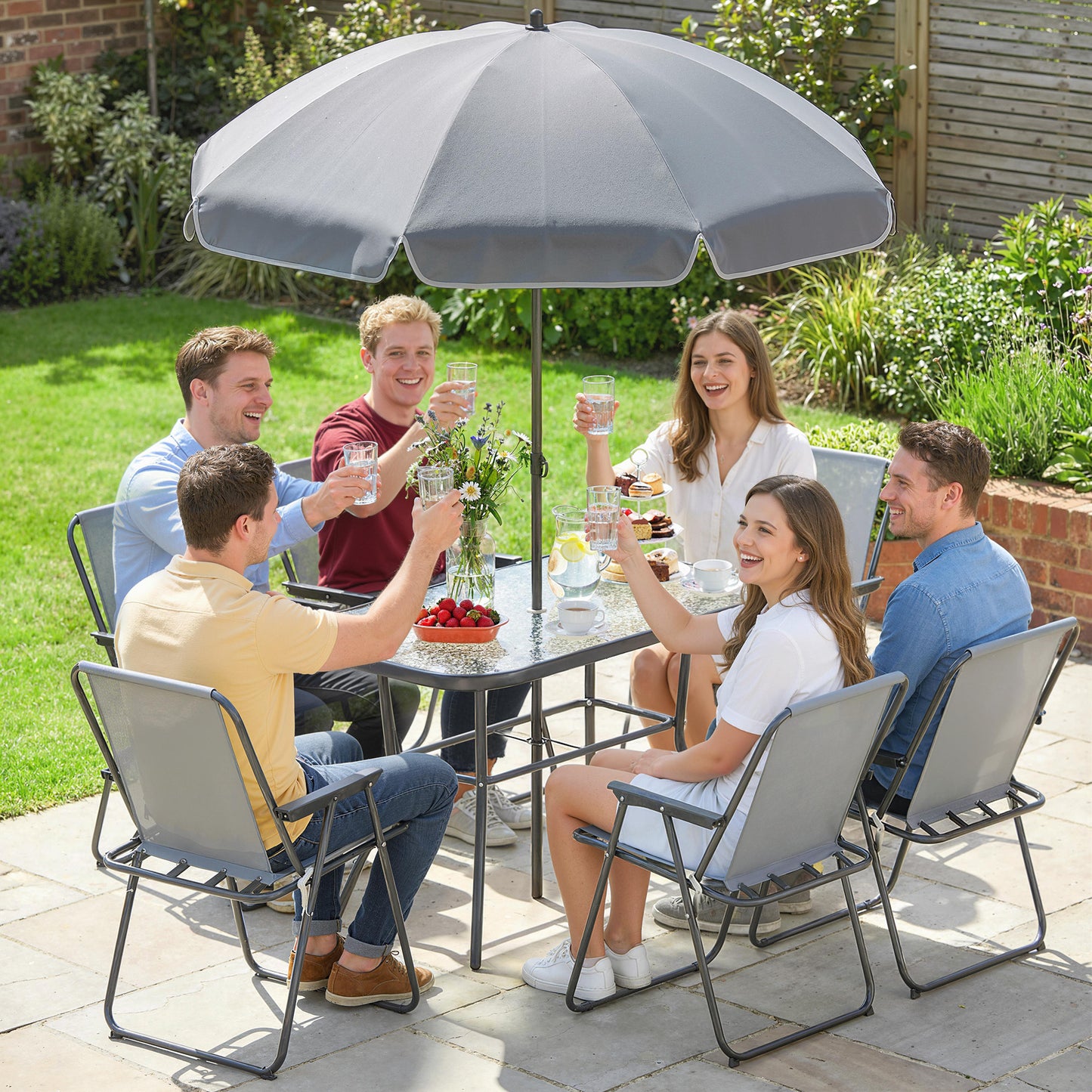 Outsunny 8 Piece Garden Dining Set With Umbrella And Folding Chairs Tempered Glass Table For Patio Grey