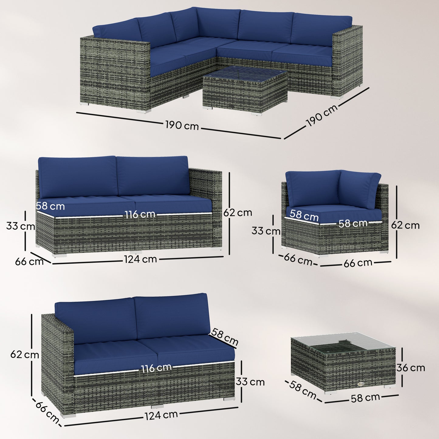 Outsunny Four Piece Rattan Patio Sofa Set With Cushions And Glass Table In Blue