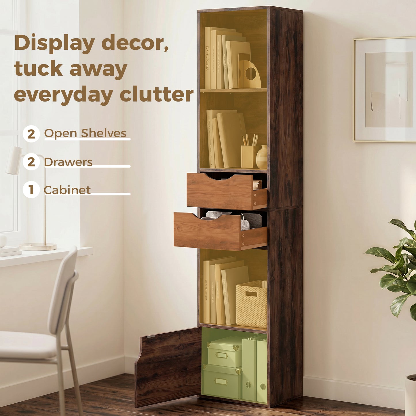 HOMCOM Rustic Brown Bookcase With Two Drawers And Cabinet, Adjustable Shelves, 158 Cm Tall