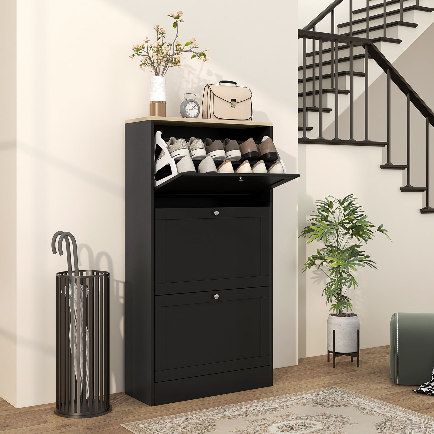 HOMCOM Modern Compact Three Drawer Shoe Storage Cabinet Black With Adjustable Shelves