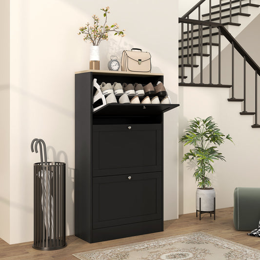 HOMCOM Modern Compact Three Drawer Shoe Storage Cabinet Black With Adjustable Shelves