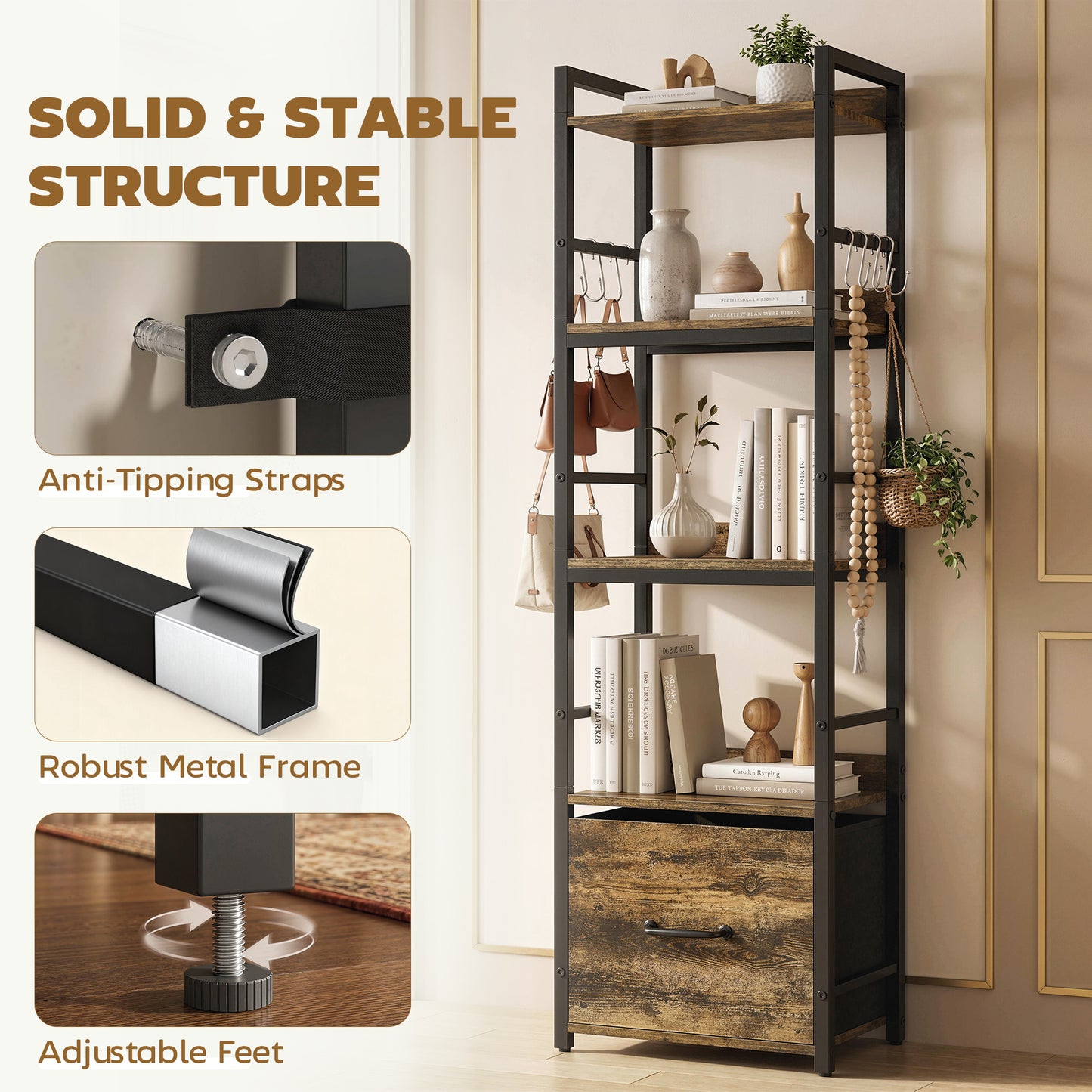 HOMCOM 4 Tier Narrow Bookshelf with Drawer and 8 Hooks, Metal Frame, Rustic Brown Finish