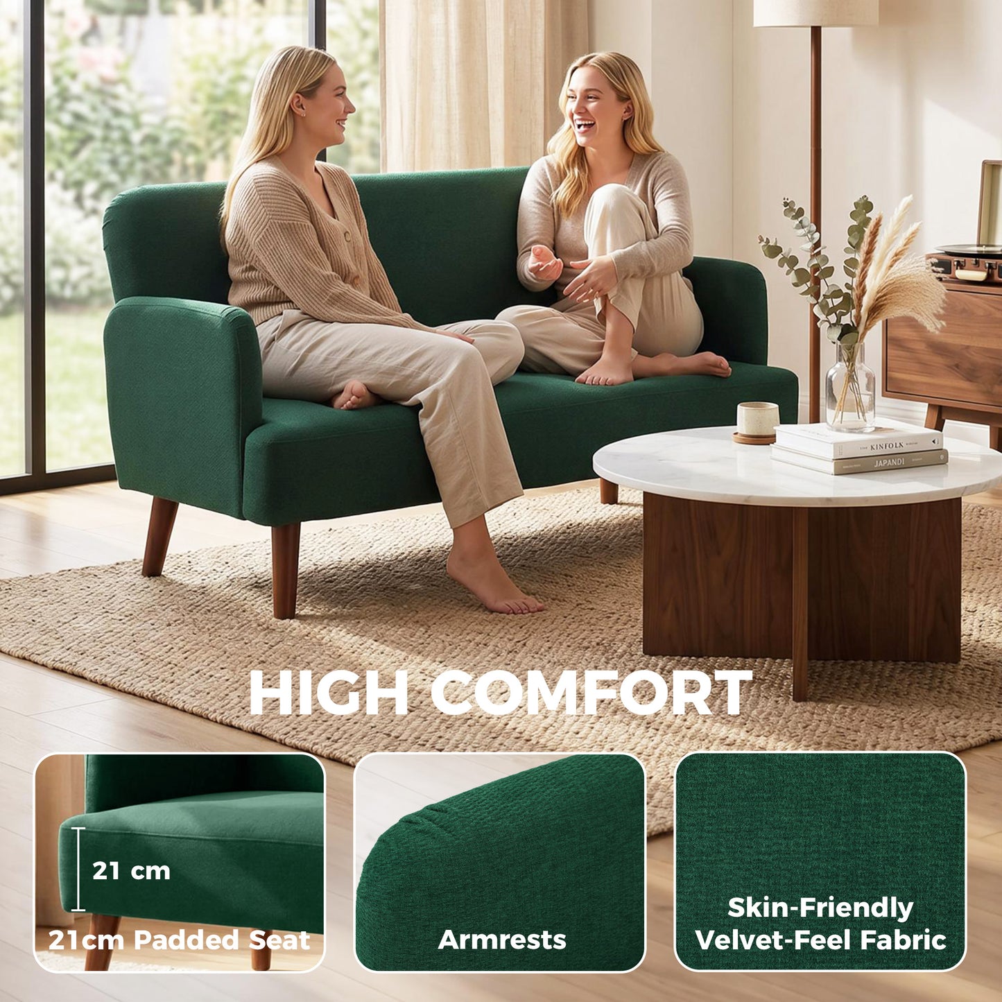 HOMCOM Velvet Feel Fabric 2 Seater Sofa Dark Green With 21cm Thick Padding And Wood Legs