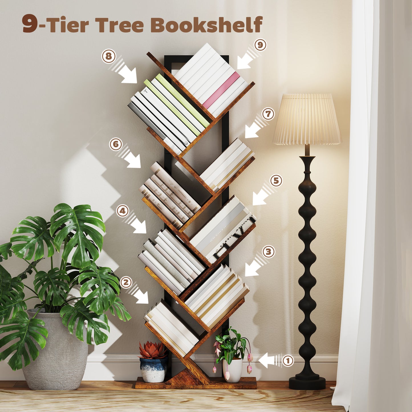 HOMCOM Eight-Section Tree Bookcase With Steel Frame In Wood-Effect Finish Multi-Tier Magazine And Book Storage Shelf