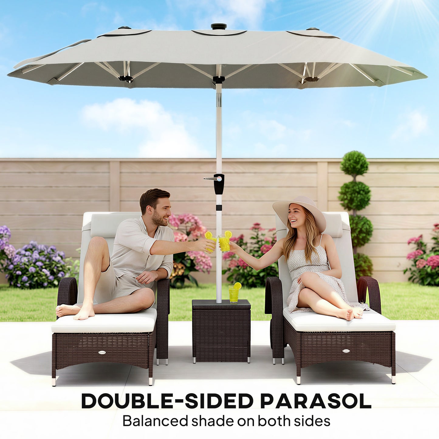 Outsunny 3m Double Sided Garden Parasol With LED Solar Lights Outdoor Extra Large Crank Handle Grey