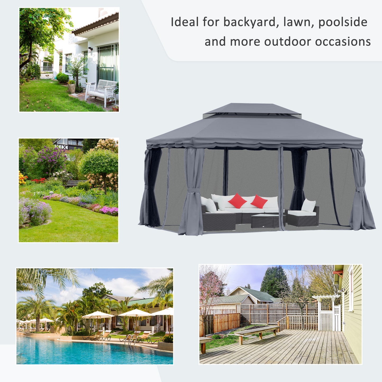 Outsunny 3 x 4m Aluminium GardenÂ Gazebo, Marquee Canopy Shelter Pavilion Party Tent with Nets and Curtains for Garden and Deck, Dark Grey